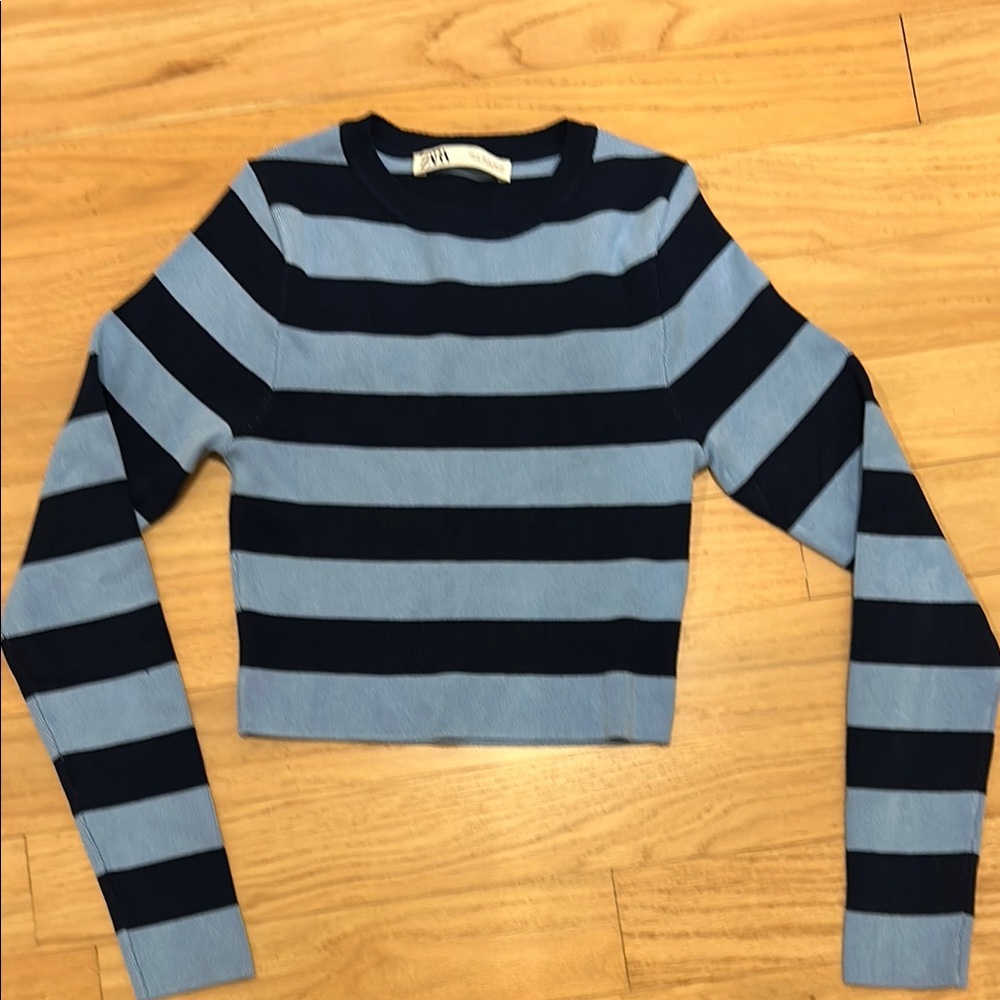 Zara Navy Blue and Light Blue Striped Crop Top